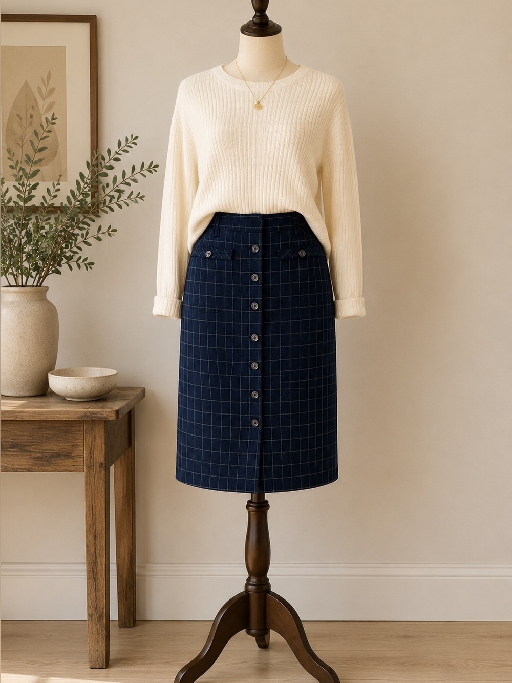 Vintage 90s Proportion Petite Navy Windowpane Button Front Midi Pencil Skirt 14